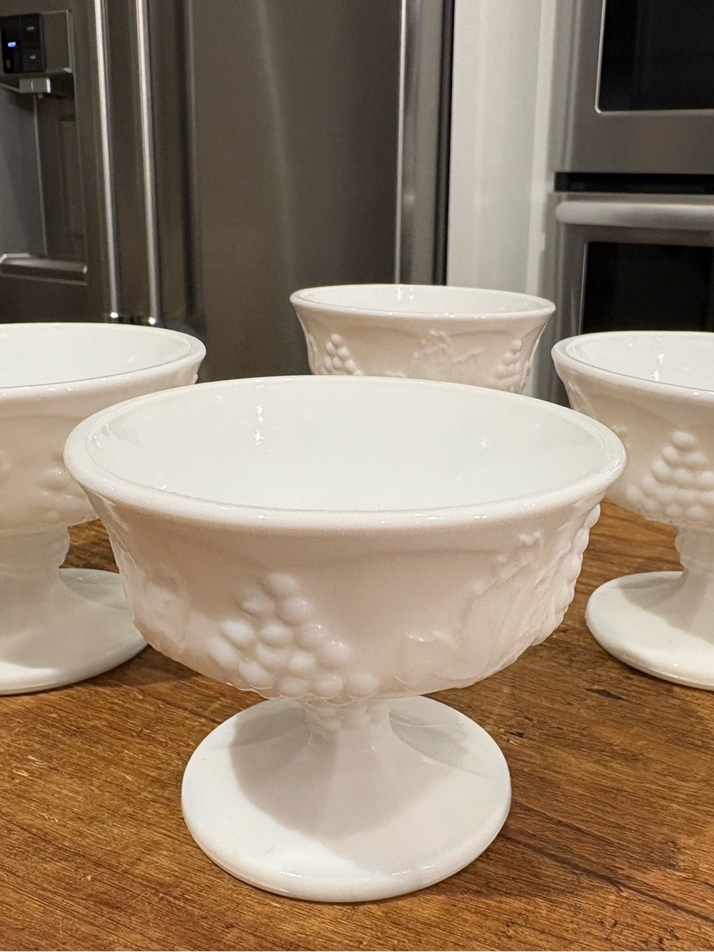 Colony Harvest Grape White Pedestal Dessert Bowls - Milk Glass Set of 4